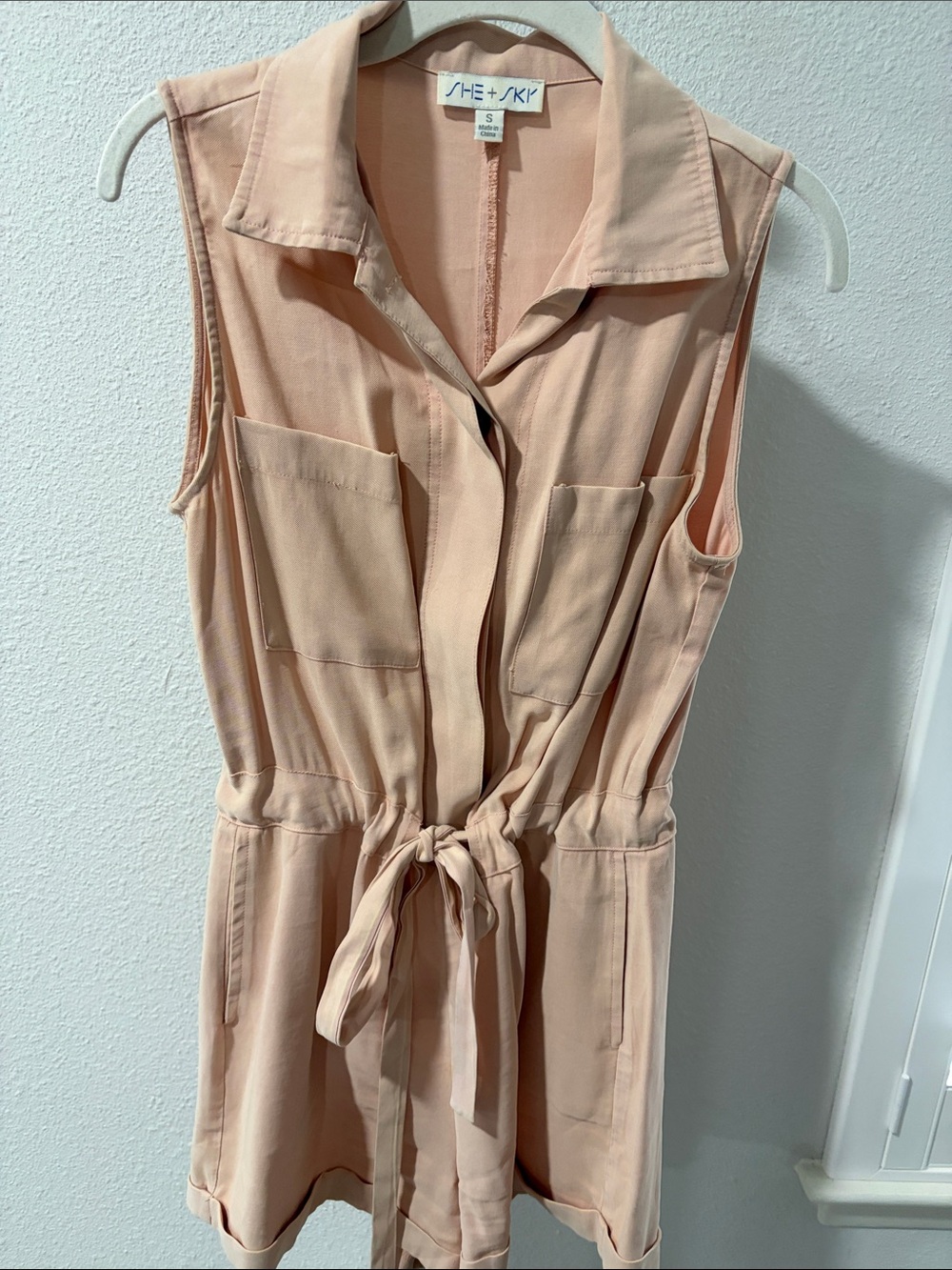 She + Sky Sleeveless Peach Tie-Waist Utility Romper